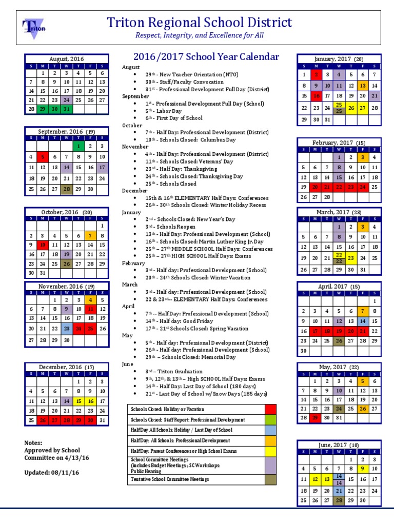2016 17 School Year Calendar Updated 081116 PDF Unrest Schools