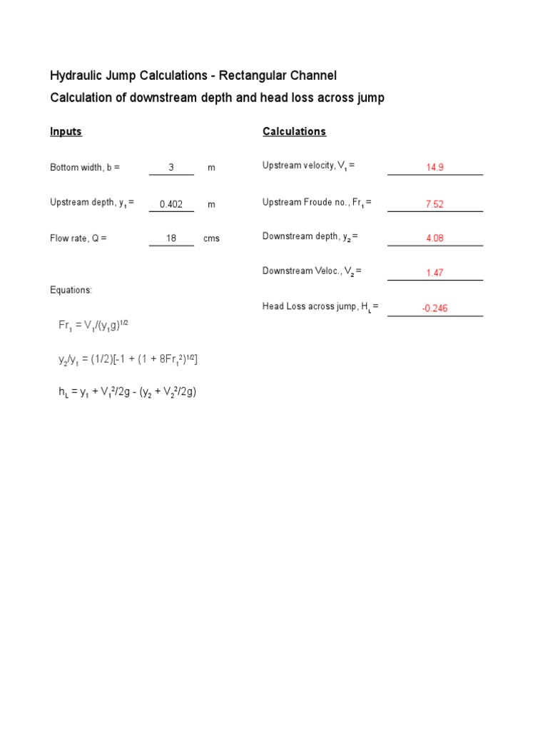 Hydraulic Jump Calculations Rectangular Channel Calculation of