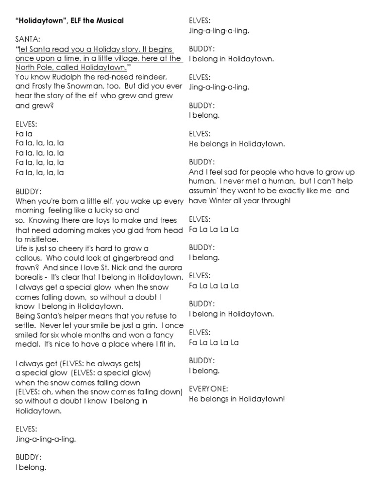 Elf The Musical Lyrics Santa Claus Christmas