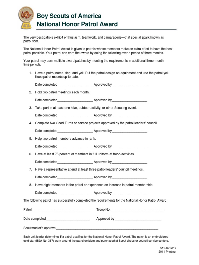 Boy Scouts of America National Honor Patrol Award PDF