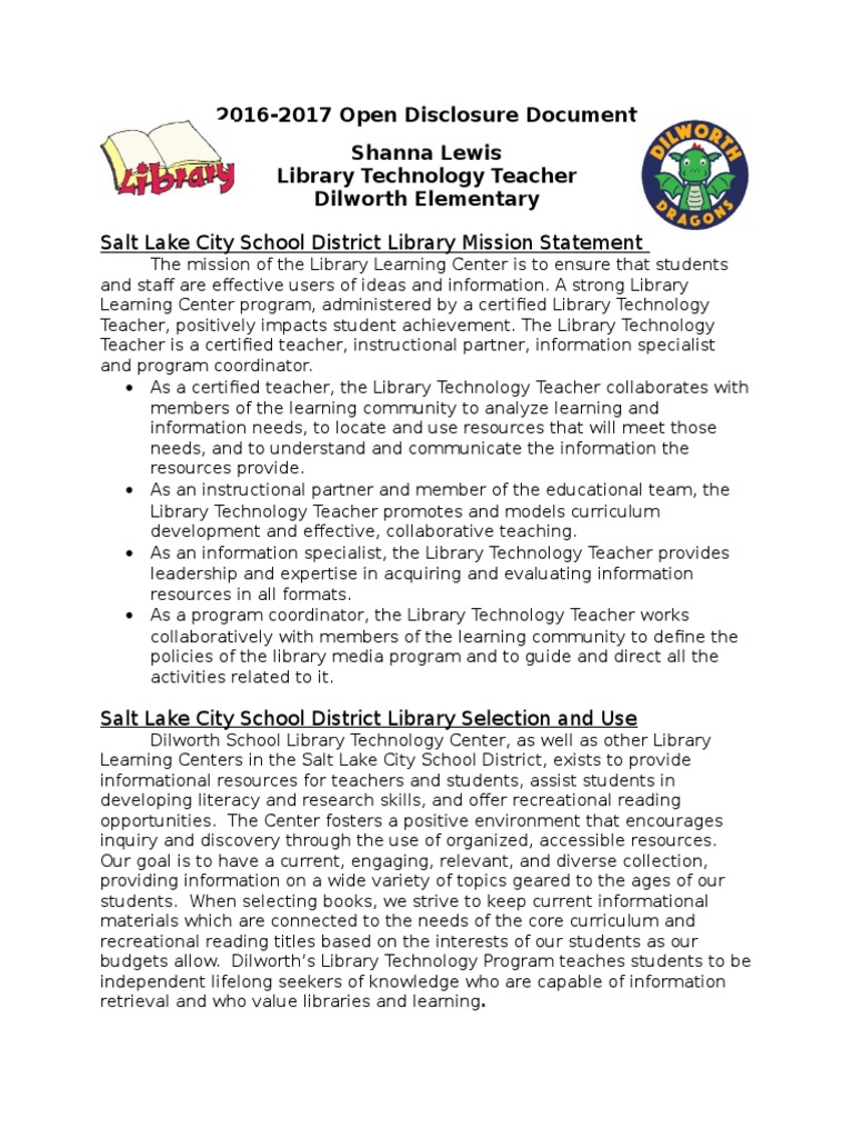 Dilworth Elementary Library Overview | PDF | Teachers | Libraries