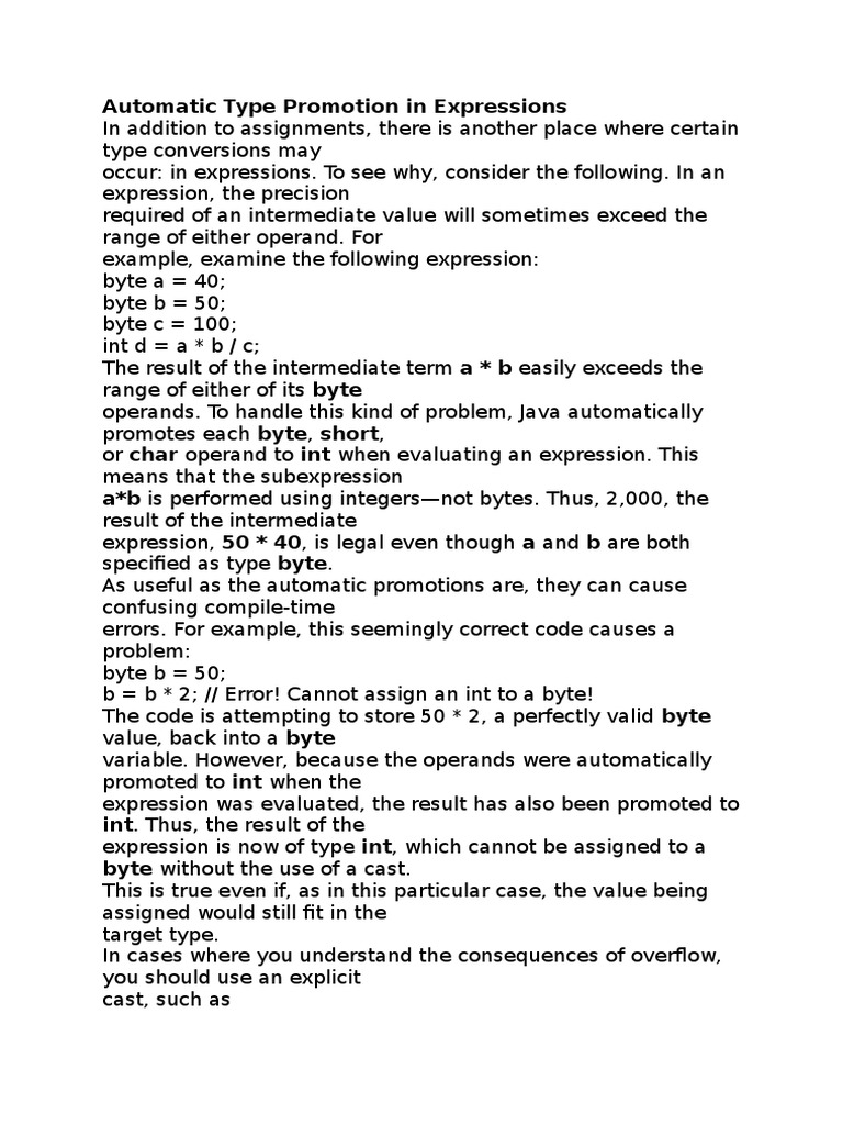 Automatic Type Promotion in Expressions in Java | Download Free PDF ...