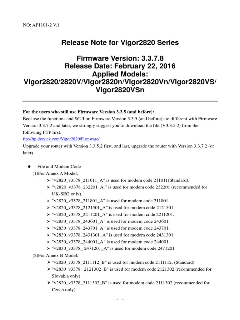 Vigor2820 Firmware Release Note 3.3.7.8 | PDF