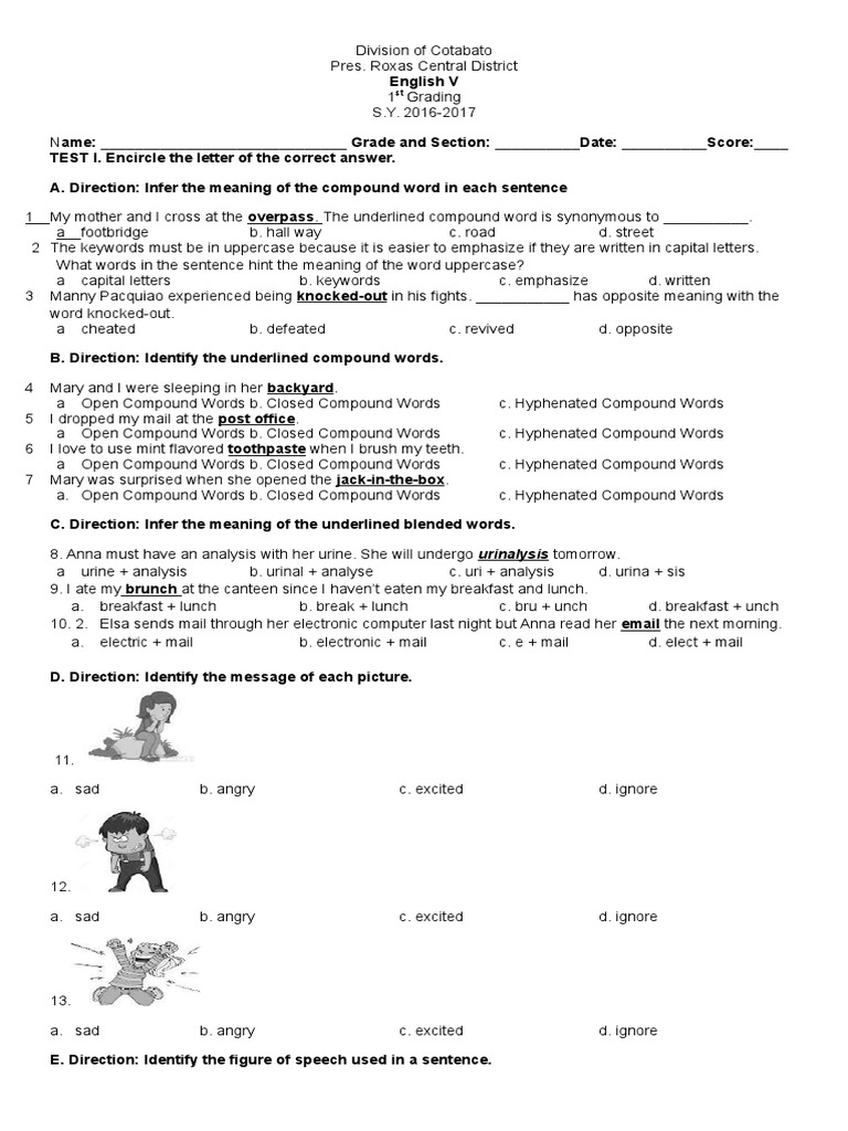 1st Grading Test ENGLISH (K-12) | PDF | Language Arts & Discipline