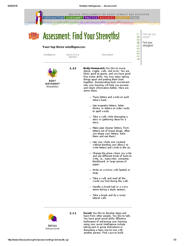 Multiple Intelligences - Assessment | PDF | Intelligence ...