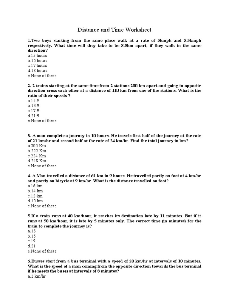 Distance and Time Worksheet | PDF | Speed | Land Transport