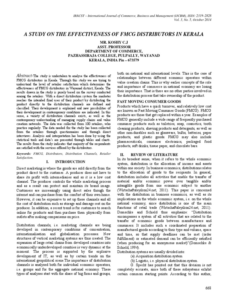 FMCG distributors' effectiveness in Kerala PDF Distribution (Business) Retail