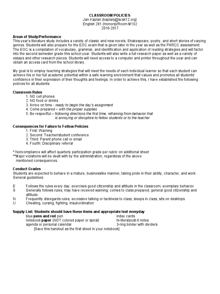 Kaplan Policies PDF Homework Teachers
