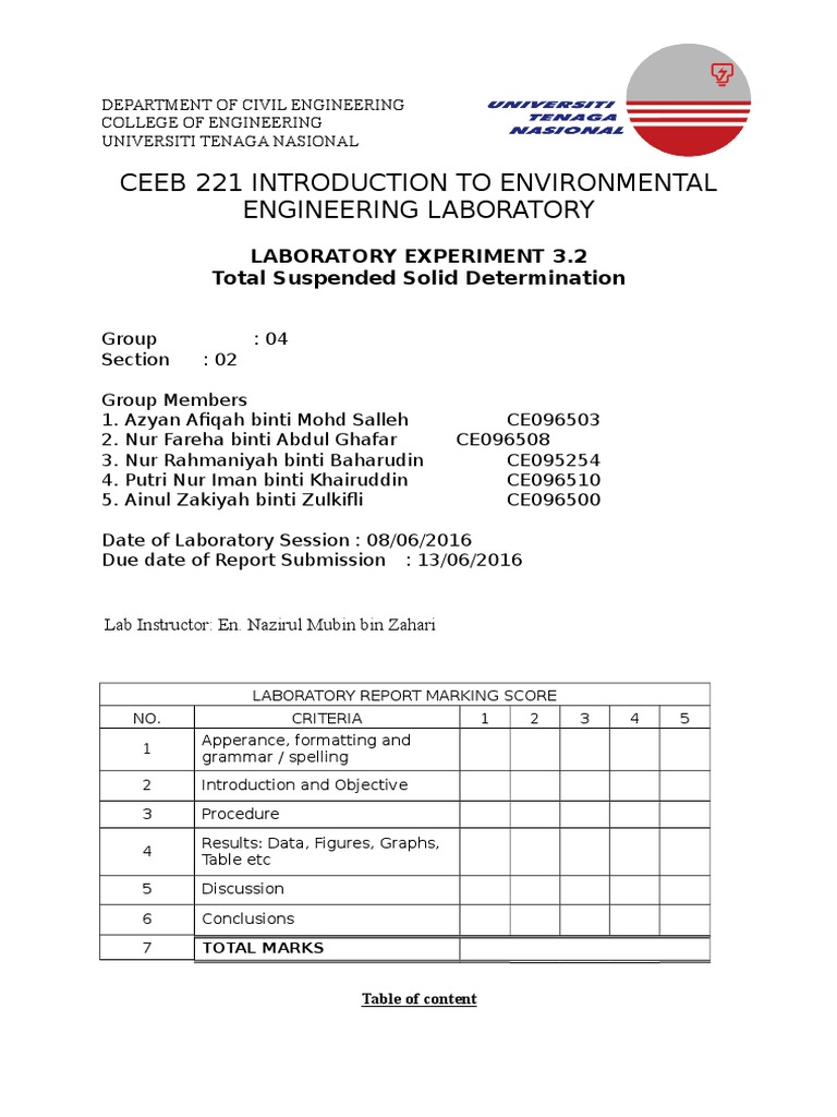 Total Suspended Solids Lab Report | PDF | Filtration | Laboratories