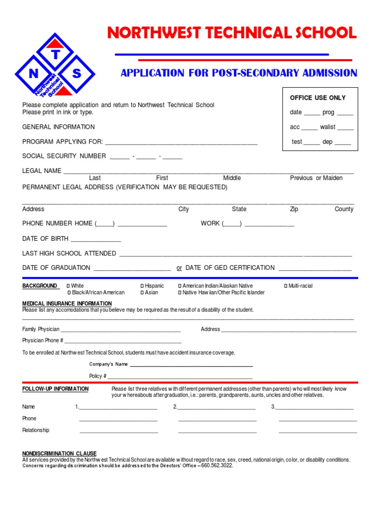 Northwest Technical School Admission Form | PDF | Business