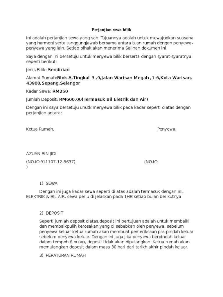 Surat Perjanjian Sewa Bilik Surat Perjanjian Sewa Rumah Malaysia