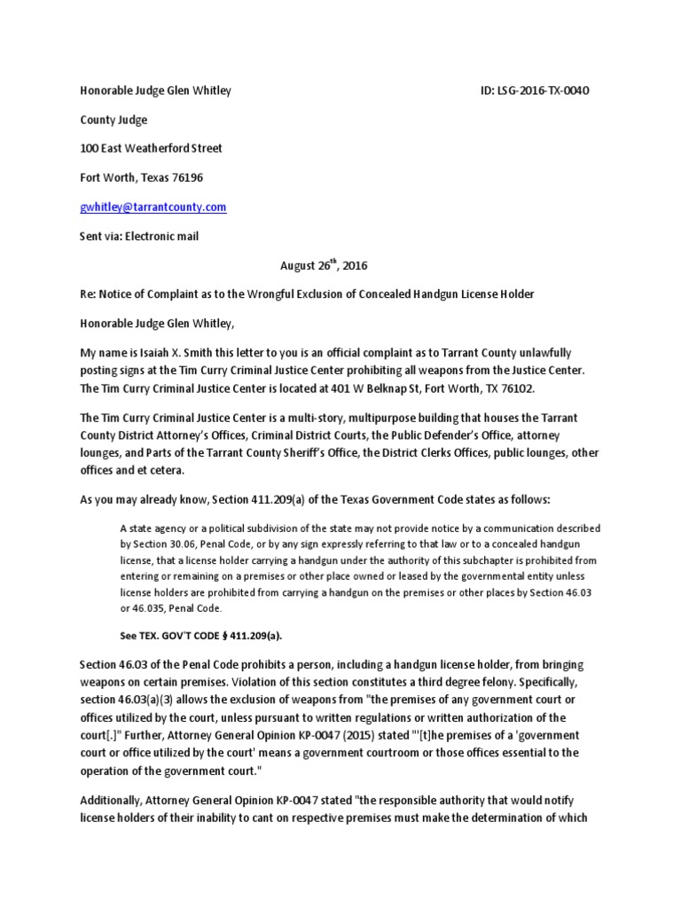 Letter to the County Judge of Tarrant County, Texas reg. the wrongful