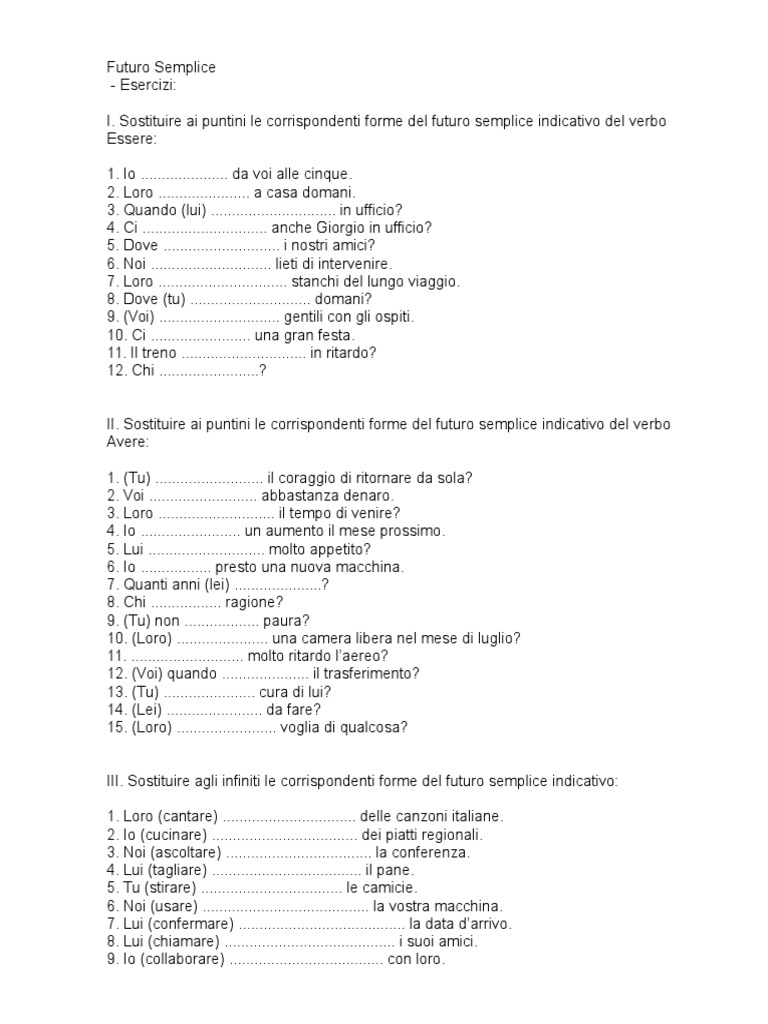 Futuro Semplice Esercizi PDF