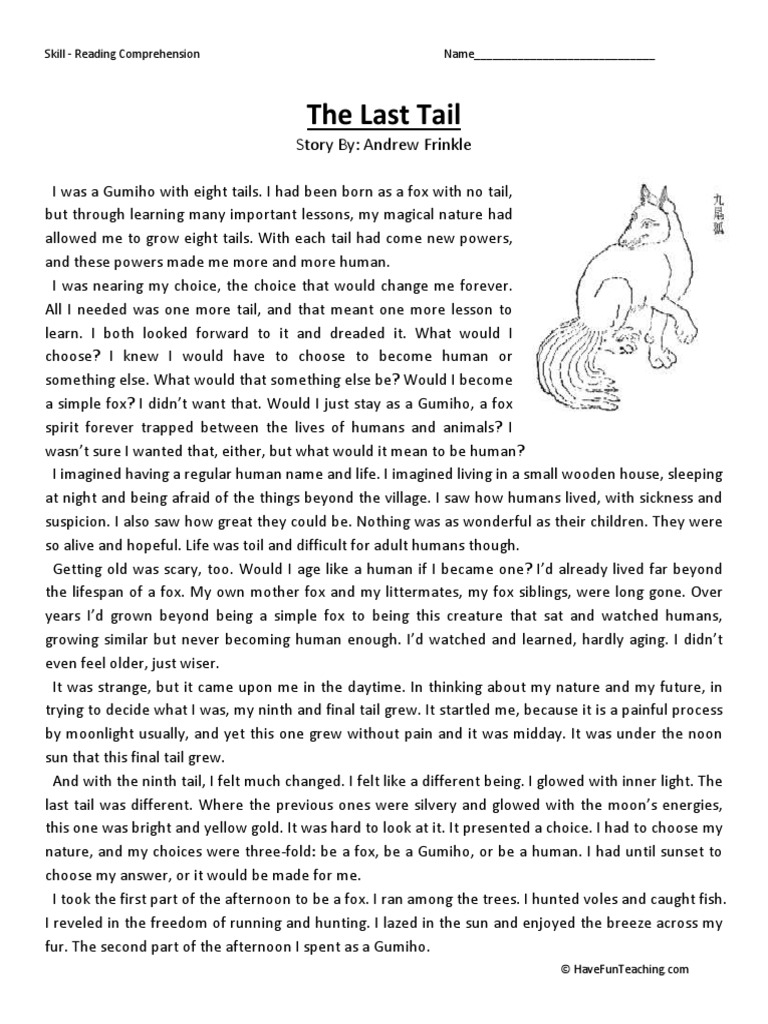 the last tail fourth grade reading comprehension worksheet