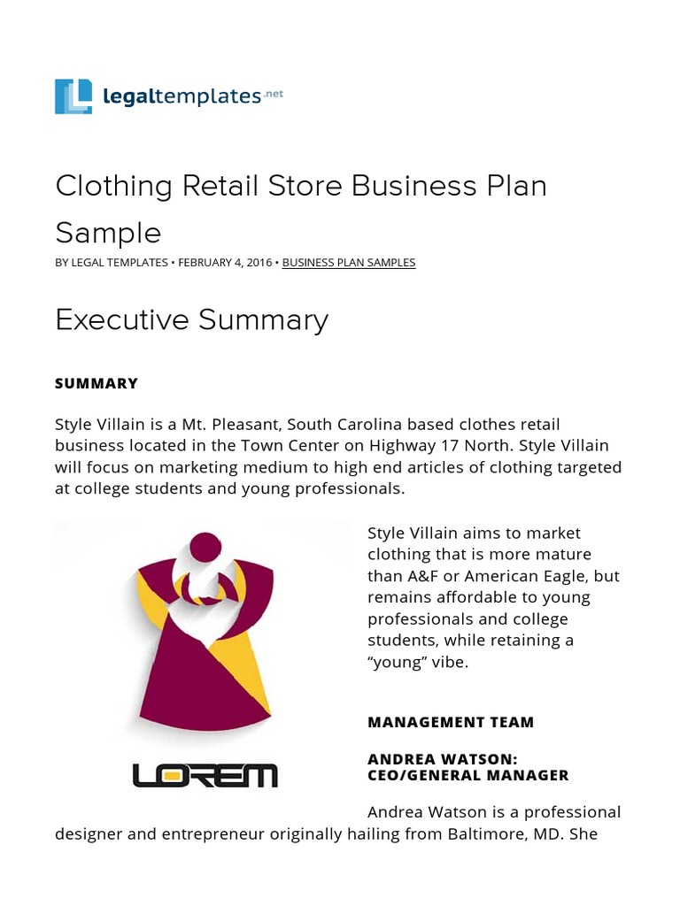 Business plan sample for clothing store Expense Depreciation