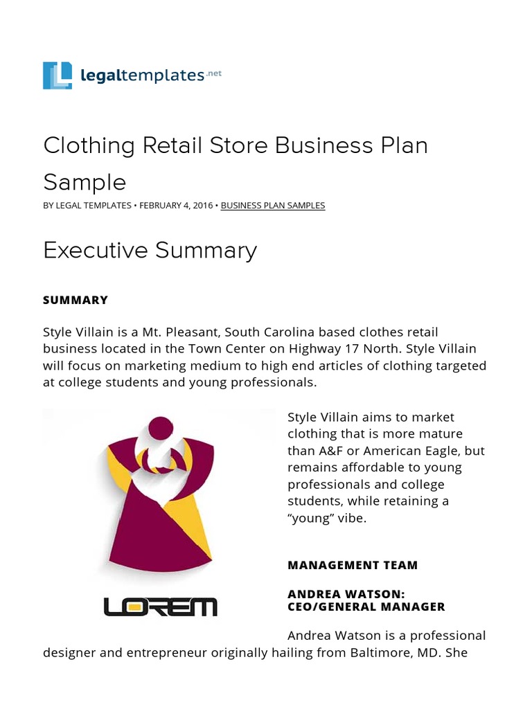 a sample business plan for clothing