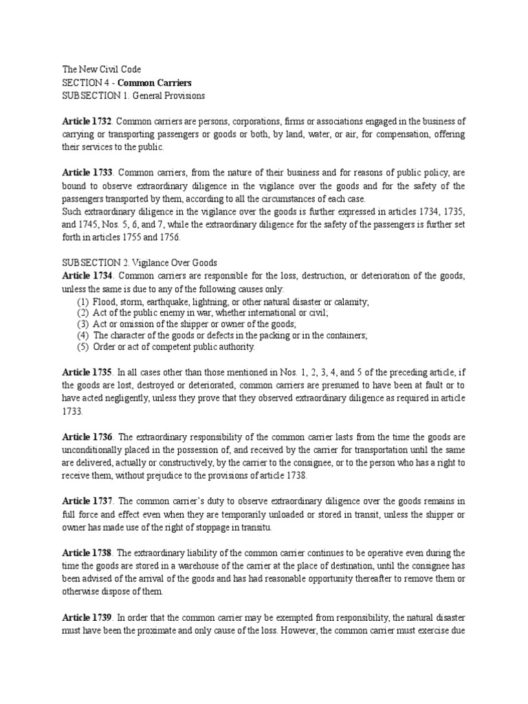 Civil Code Provisions On Common Carriers PDF Common Carrier