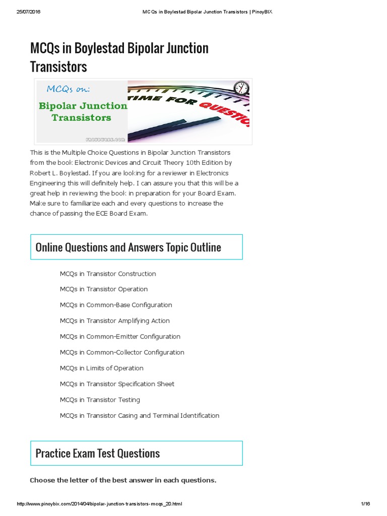 Mcqs in Boylestad Bipolar Junction Transistors Online Questions and