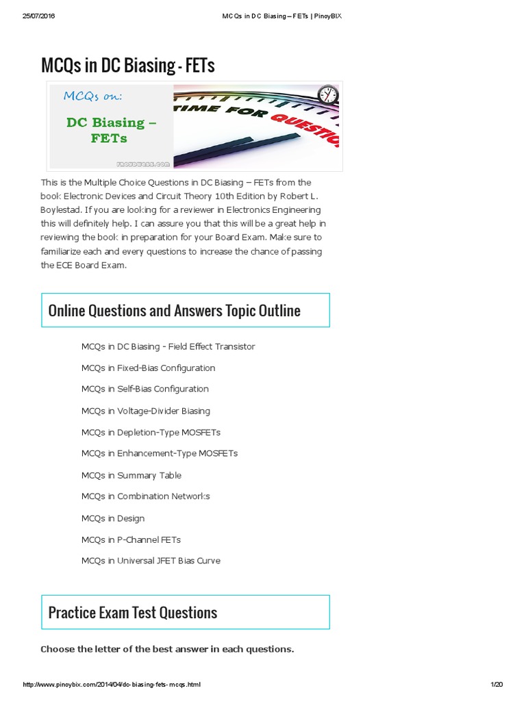 Mcqs in DC Biasing Fets Online Questions and Answers Topic Outline