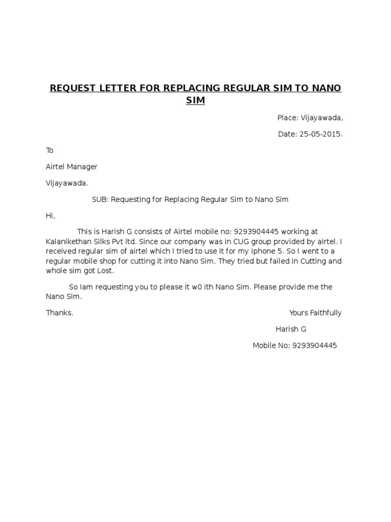Request for Nano SIM Replacement | PDF | Teleconferencing | Mobile ...