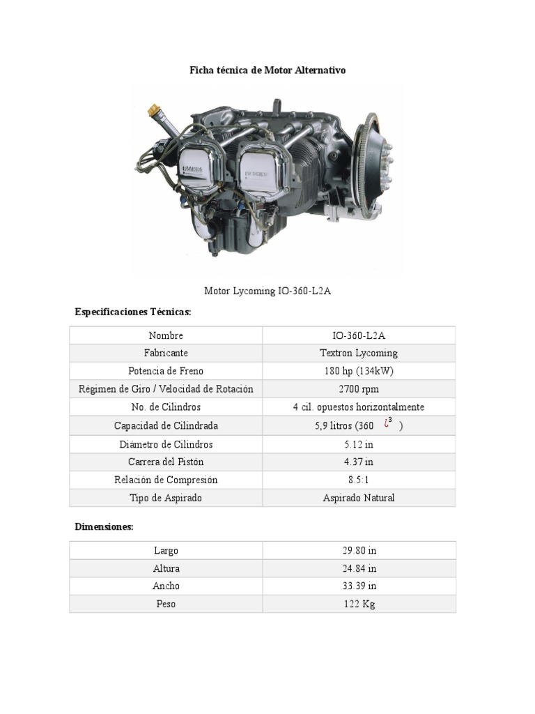 Ficha t cnica de motor alternativo lycoming io 360 l2a pdf
