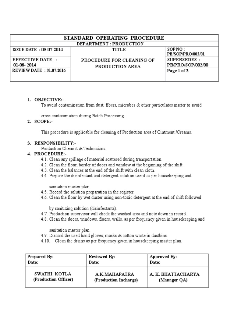 Procedure For Cleaning of Production Area PDF