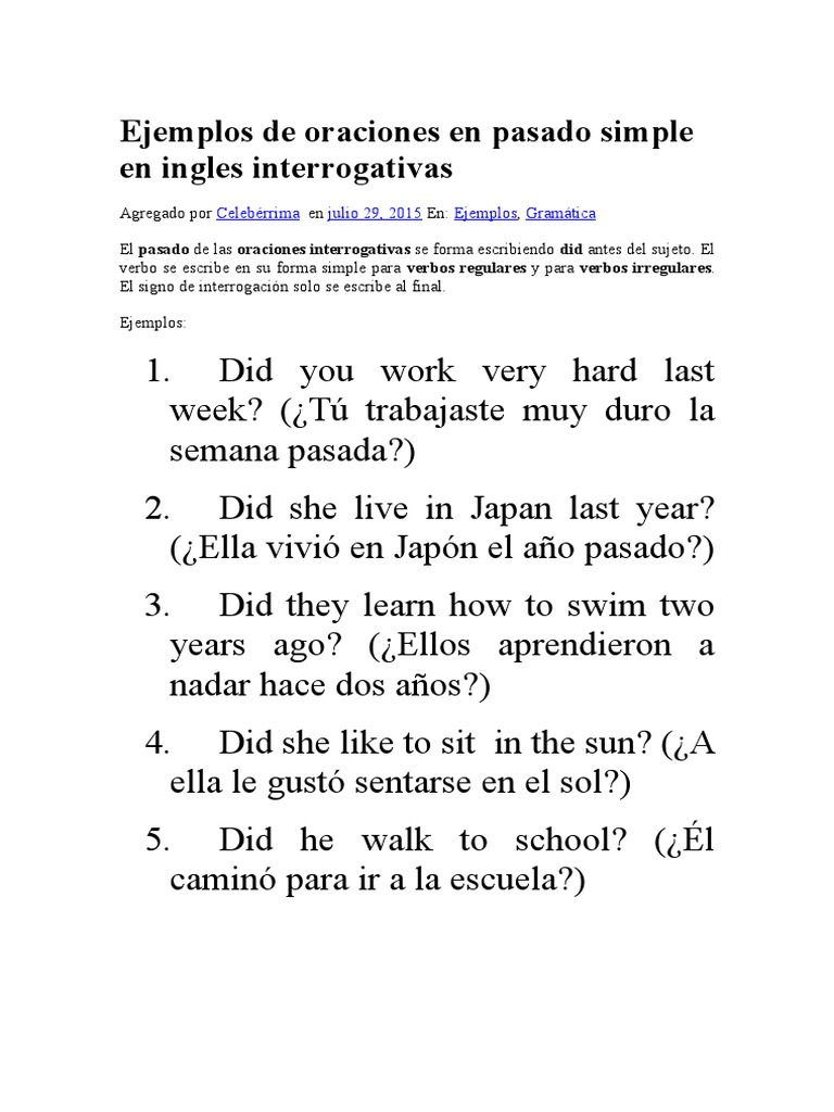 Ejemplos De Oraciones En Pasado Simple En Ingles Y Espaol