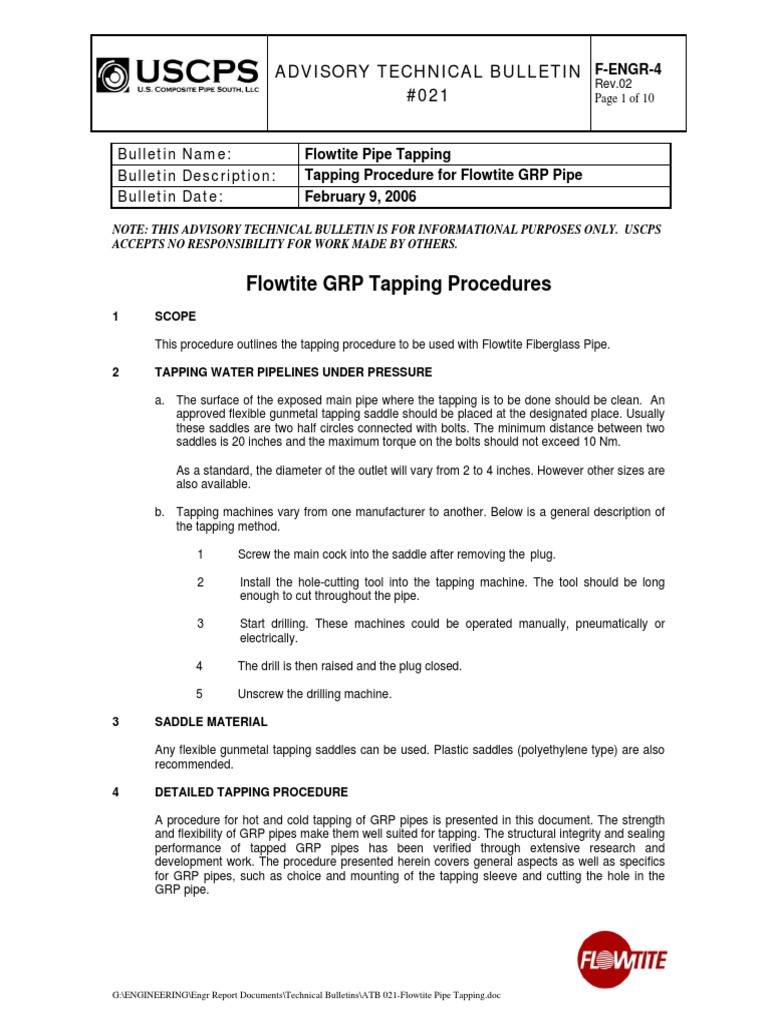 Flowtite GRP Pipe Tapping Procedure | PDF | Pipe (Fluid Conveyance) | Valve
