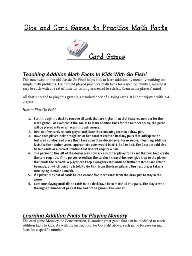 Dice and Card Games To Practice Math Facts | PDF | Dice | Playing Cards