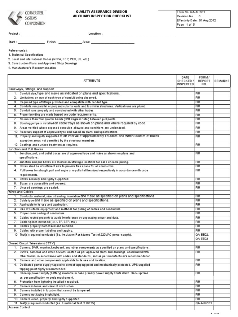 Form QAAUX01 Auxiliary Inspection Checklist (Official) Cable