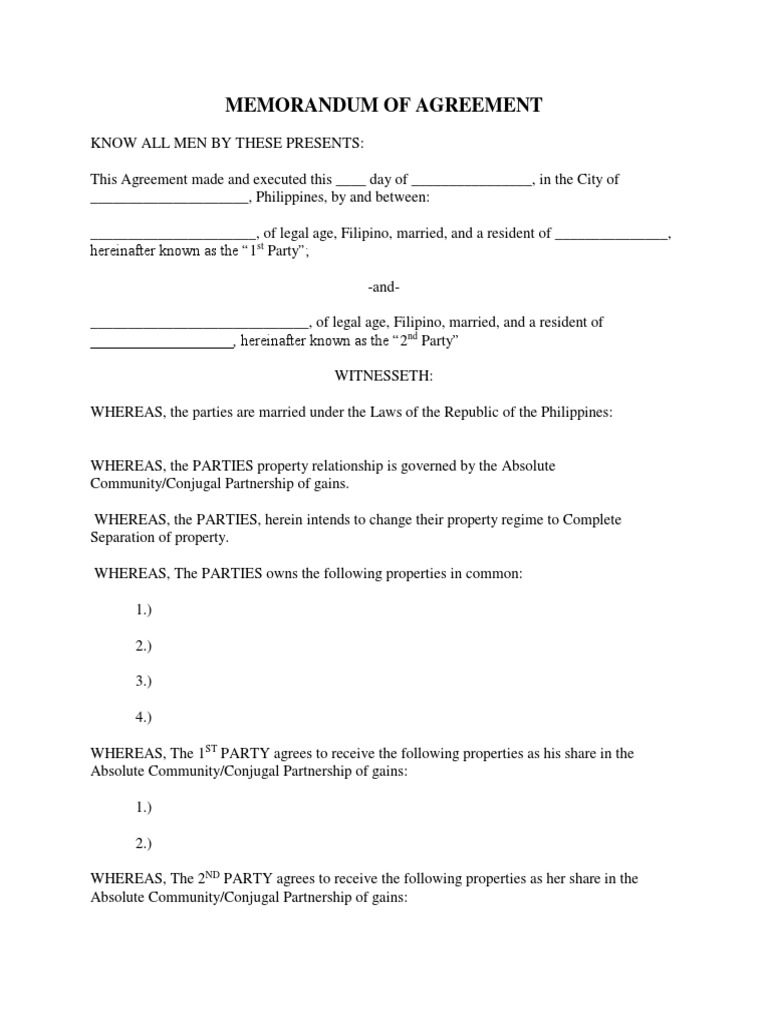 Memorandum of Agreement Separation of Property | PDF | Covenant (Law