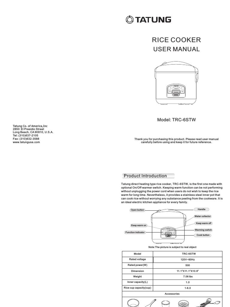 Tatung Rice Cooker Manual | Cookware And Bakeware | Kitchen Stove