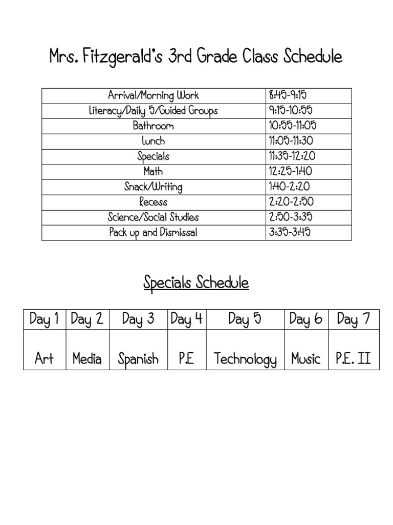 Mrs. Fitzgerald's 3rd Grade Schedule | PDF