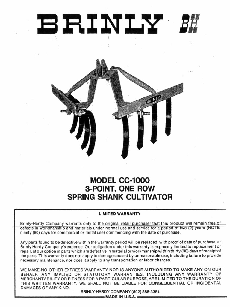 Brinly 3pt One Row Spring Shank Cultivator(CC1000) Tractor Nut