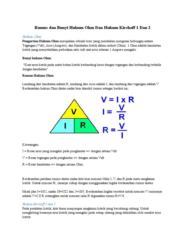Rumus Dan Bunyi Hukum Ohm Dan Hukum Kirchoff 1 Dan 2 Pdf