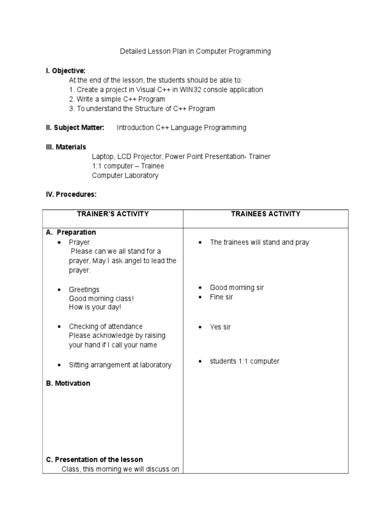 Detailed Lesson Plan in Introduction To Programming C | PDF | Graphical ...