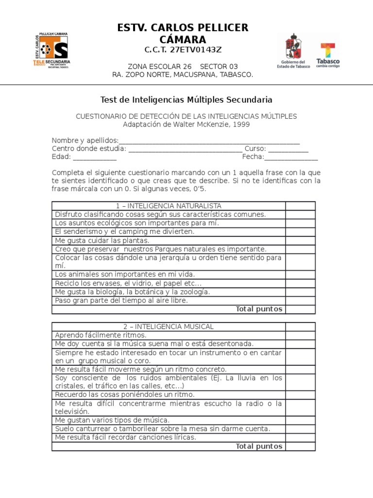 Test de Inteligencias Múltiples Secundaria | PDF | Ritmo | Cognición