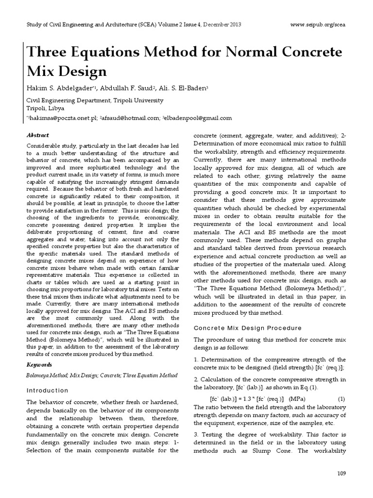Three Equations Method For Normal Concrete Mix Design PDF Concrete