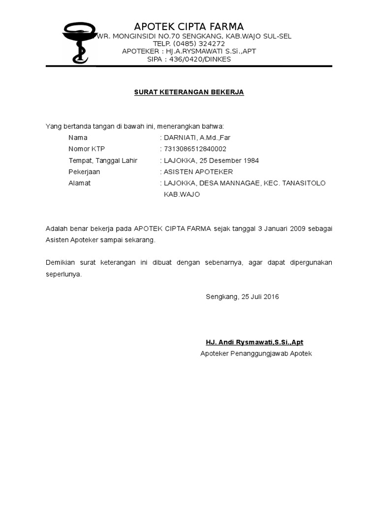 Contoh Surat Keterangan Bekerja 1 Pdf