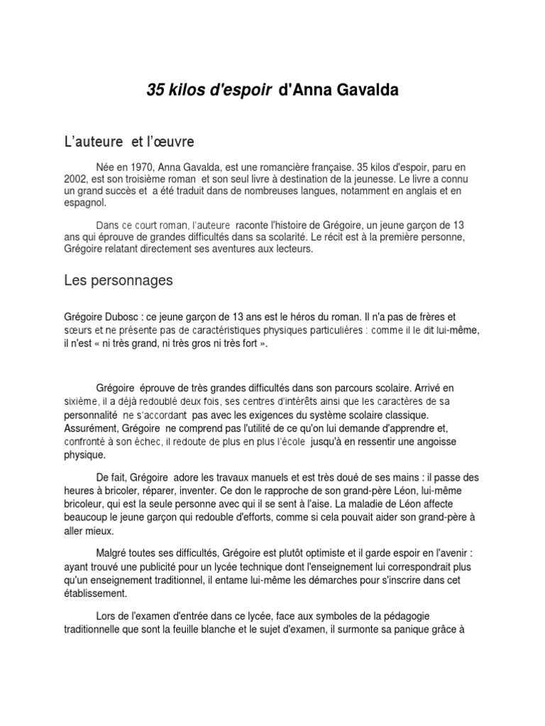 35 Kilos D Espoir Questionnaire Reponse Fiche de Lecture Sur 35 Kilos D Espoir 20130410 PDF | PDF | Romans |  Pédagogie