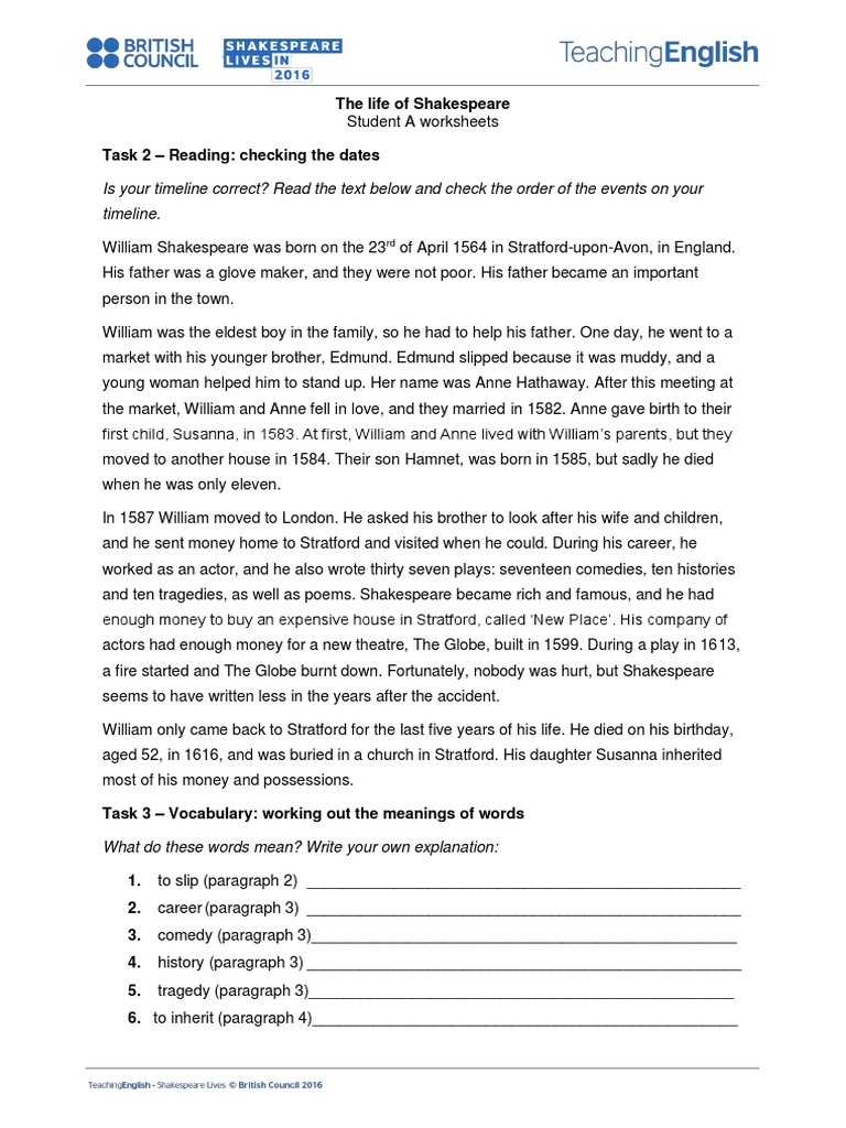 Life of Shakespeare Student A Worksheets | William Shakespeare | Languages