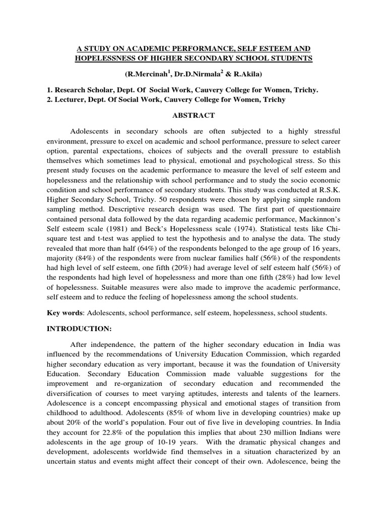 A Study On Academic Performance Self Est PDF | PDF | Self Esteem ...