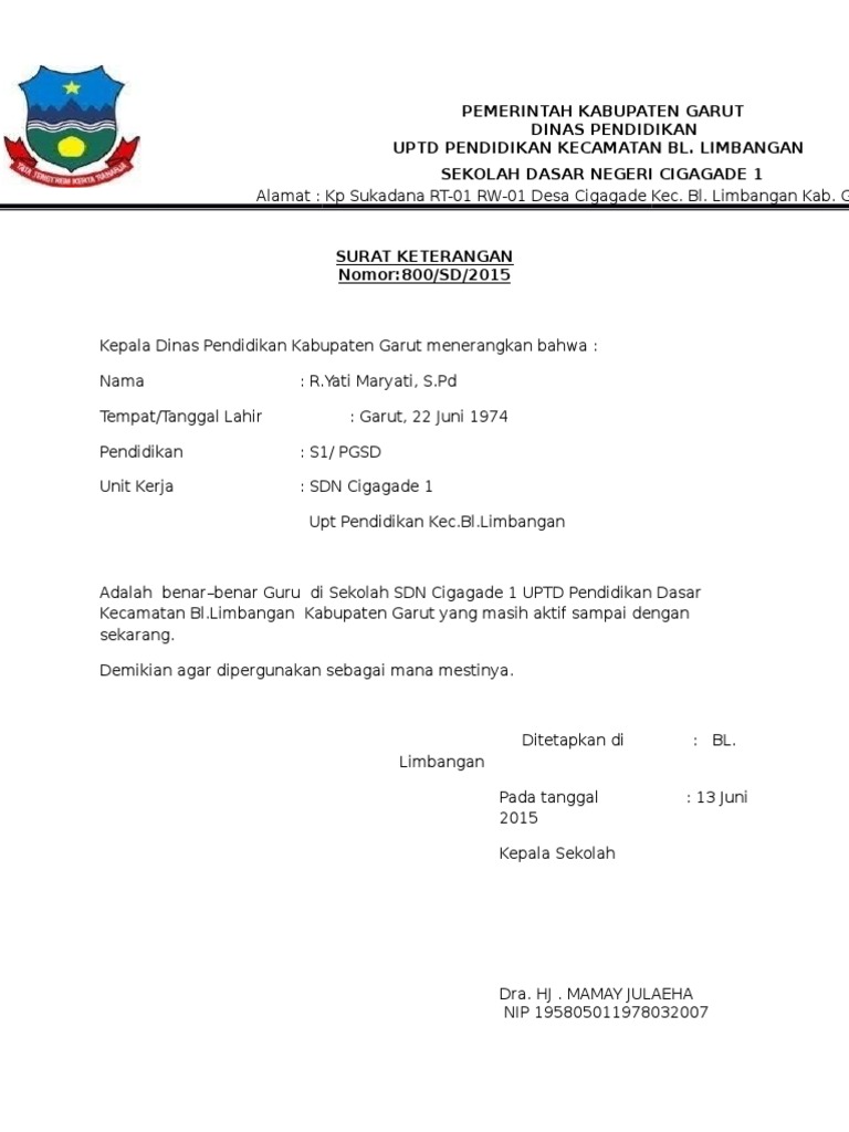 Surat Keterangan Yati Maryati