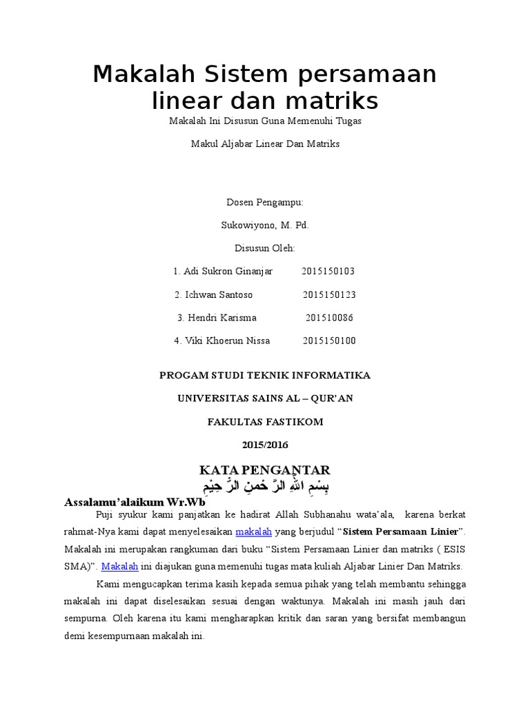 Makalah sistem persamaan linear dan matriks