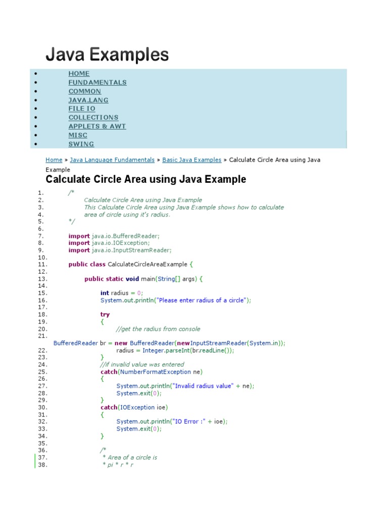 Calculate Circle Area Using Java Example Home Fundamentals Common Java