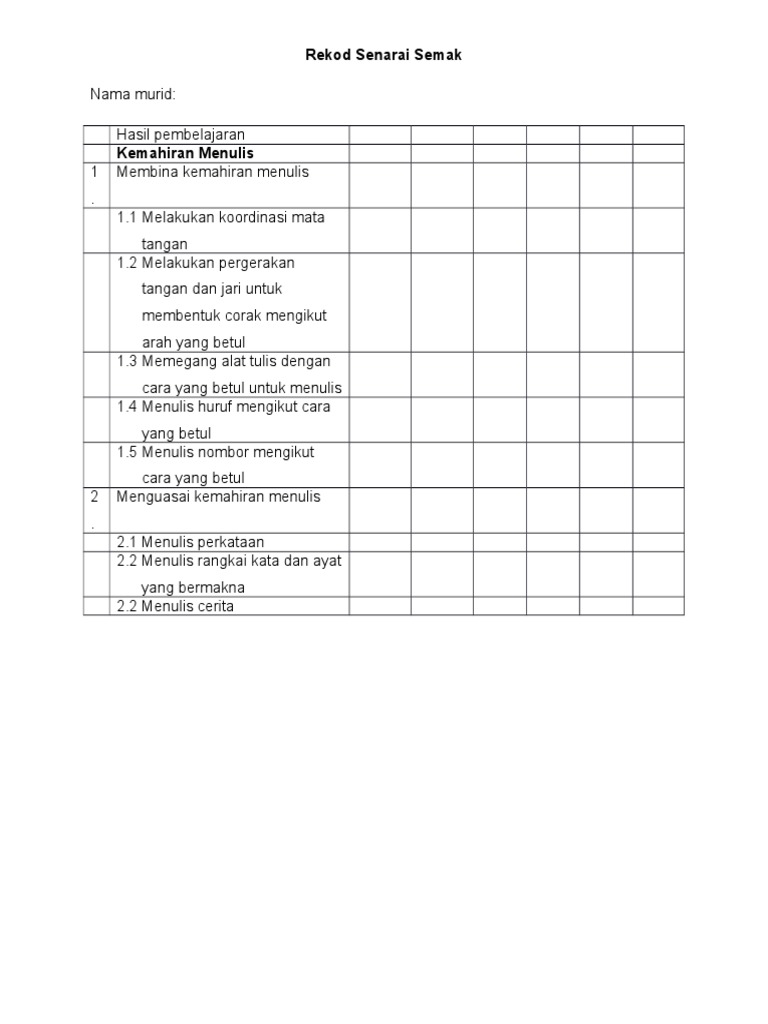 Rekod Senarai Semak Kemahiran Menulis
