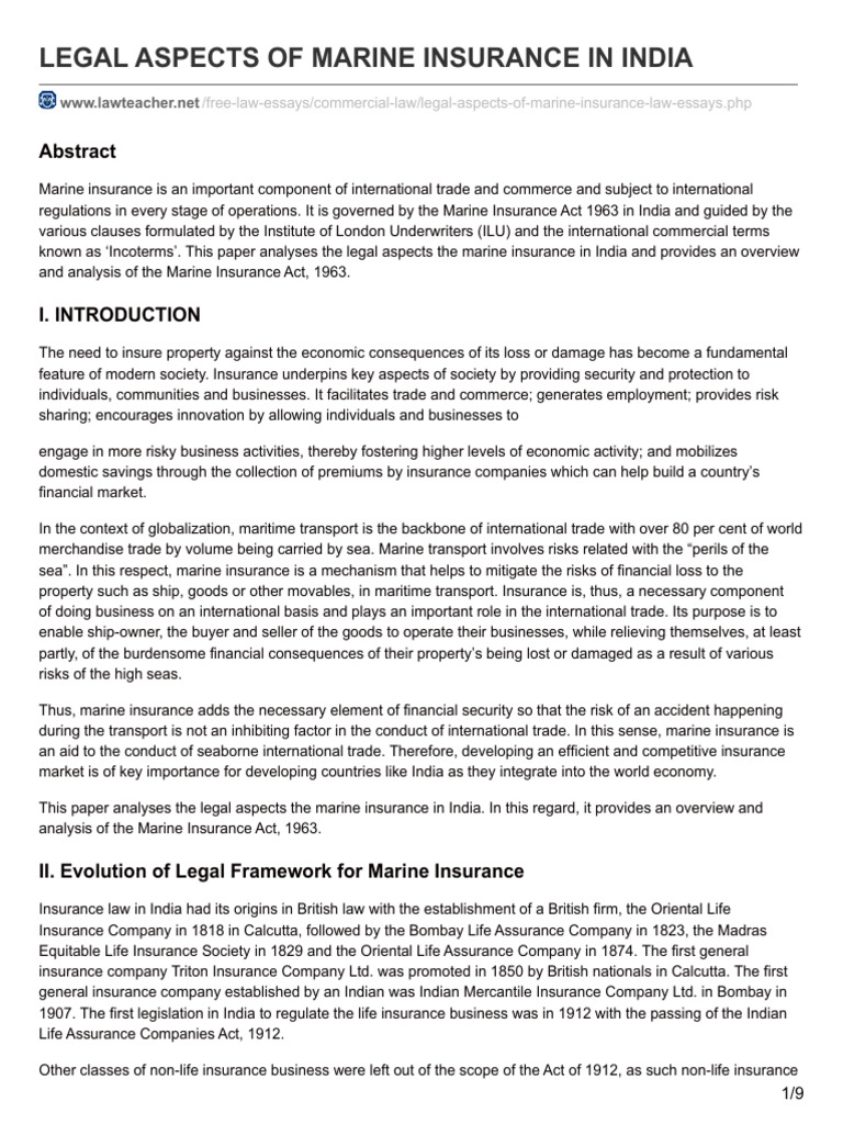 Legal Aspects of Marine Insurance in India PDF Insurance Subrogation