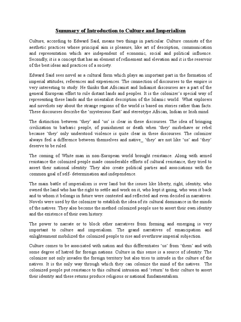 Summary of Culture and Imperialism PDF Imperialism Empire