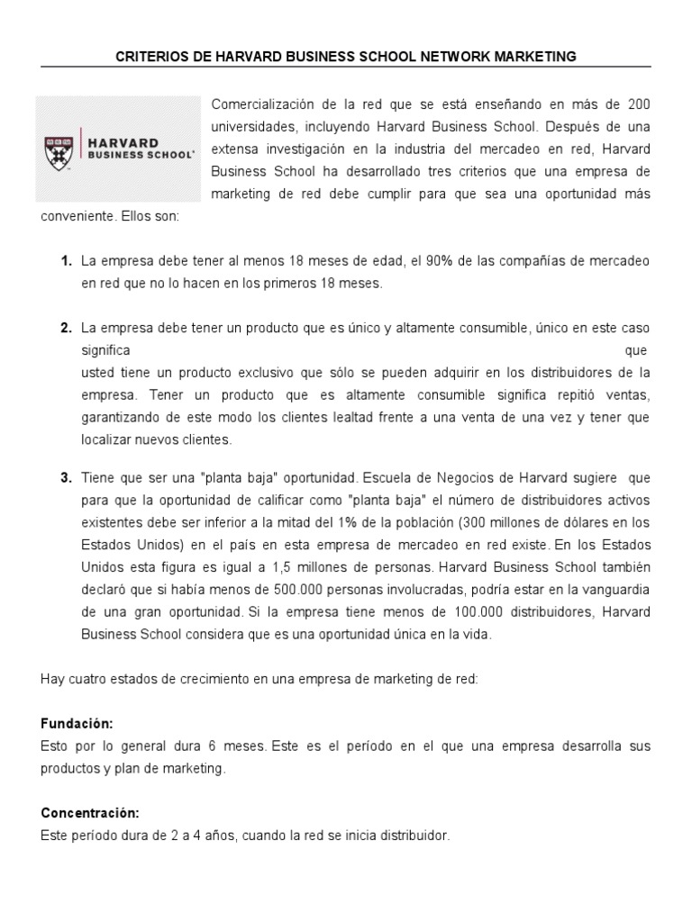 Criterios De Harvard Business School Network Marketing Marketing