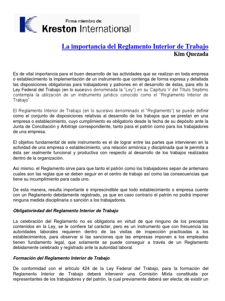 Importancia del Reglamento Interno Laboral | PDF | Regulación | Ley ...